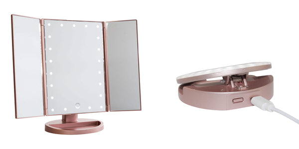 glamO Rose Gold Duo: Tri Fold Mirror & Selfie Light Bundle